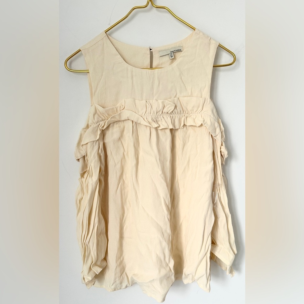 NWT June & Hudson Cream Tan Cold Shoulder Crinkle Ruffle Blouse Top Juniors XS